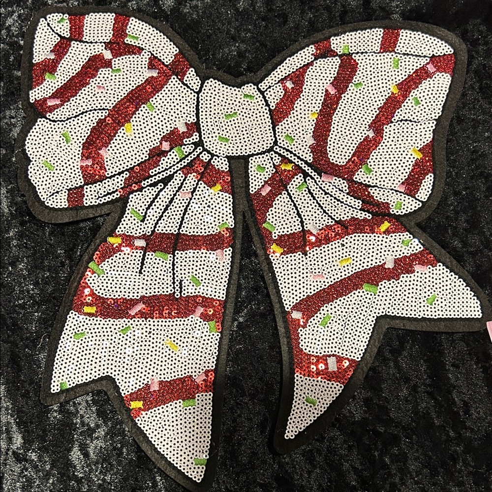 Extra Large Sequin Bow Iron on Patch with Red and White Stripes